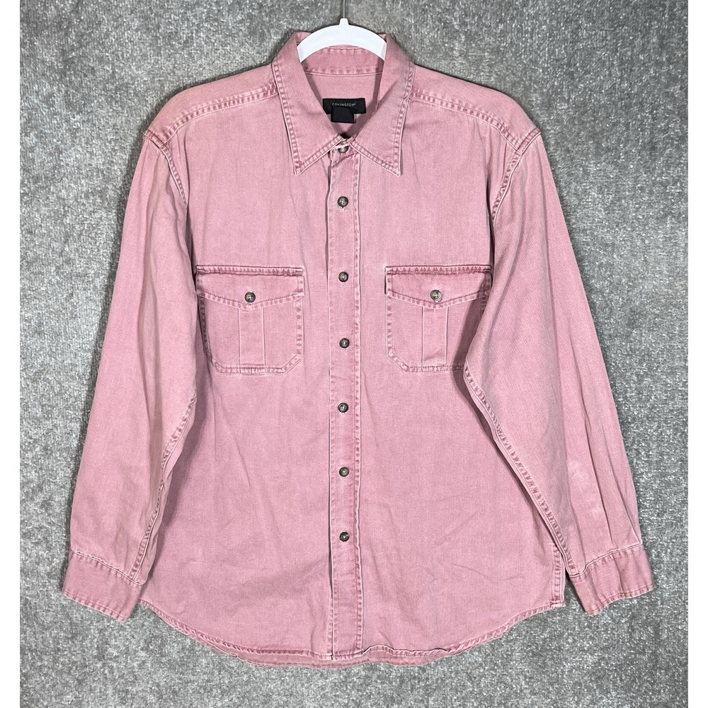Vintage Covington Denim Shirt Mens Size Large Pink Cotton Pockets Long Sleeve